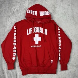 Lifeguard Red Fleece Pullover Hoodie Hollywood Beach FL Men's M Hooded Pockets